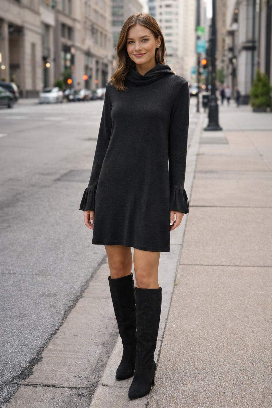 Magaschoni Sz Medium Cowl Neck Tunic Ruffle Cuff Sleeve Sweater Dress G18-22